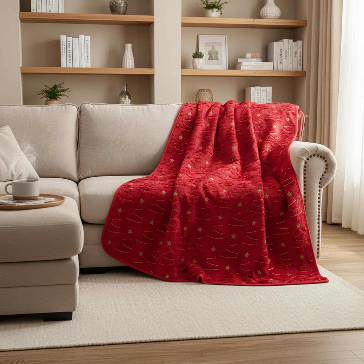 Christmas Tree Throw Blanket with Flannel Backing – Soft Decorative Blanket for Couch, Sofa & Bed, Cozy Holiday Blanket for Christmas Decor, Red