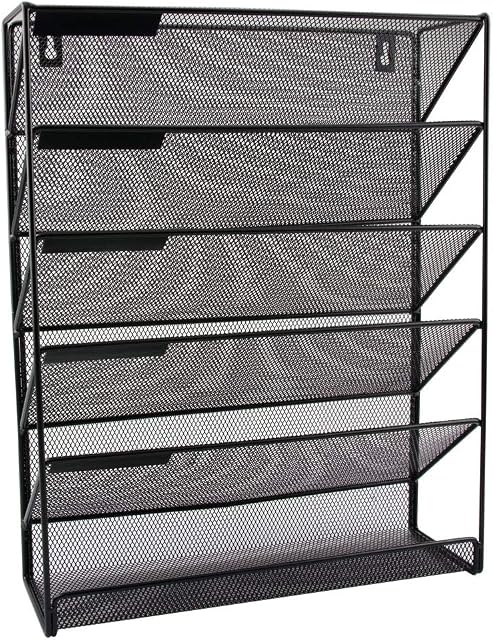ABN Finest Wall Mounted Magazine File Rack - Paper, Letter, Document Holder - Mesh Organiser for Newspapers, Books, Stationery, Office Accessories - 5-Tier Storage System with Labels & Tray - Black