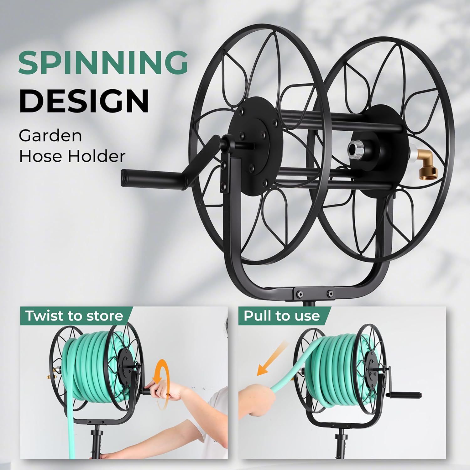Garden Hose Reel - Heavy Duty Outdoor Turntable Water Hose Holder with Sturdy Cross Base, 100 ft of 5/8" Hose Capacity, Height Adjustable 360 Degree Rotate Freestanding Hose Stand for Yard