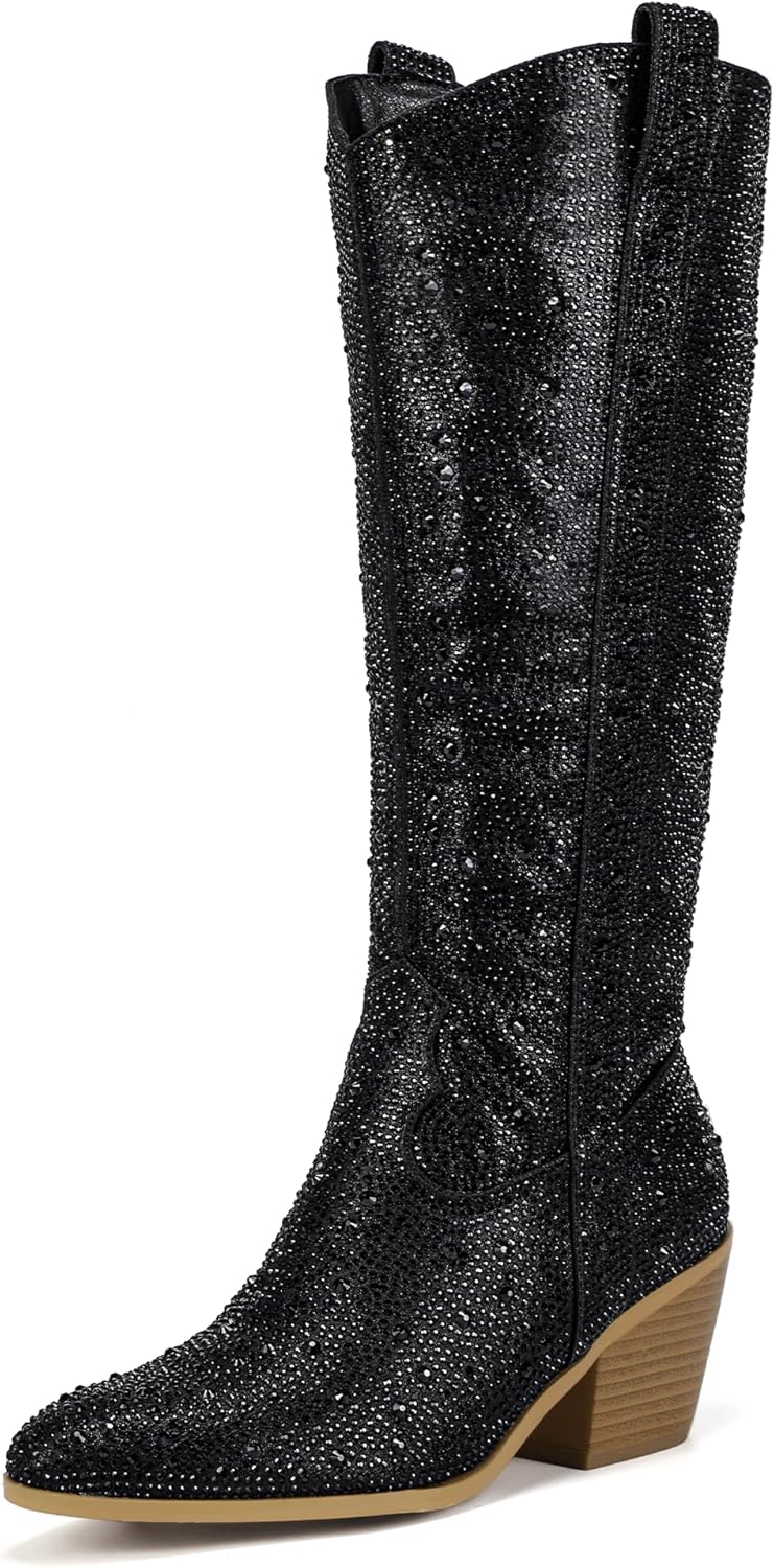 IDIFU IN3 Rhinestone Cowboy Boots For Women Knee High Western Cowgirl Boots Pointed Toe Block Chunky Heels Sparkly Glitter Long Tall Dress Booties Party Bling Shiny Boots