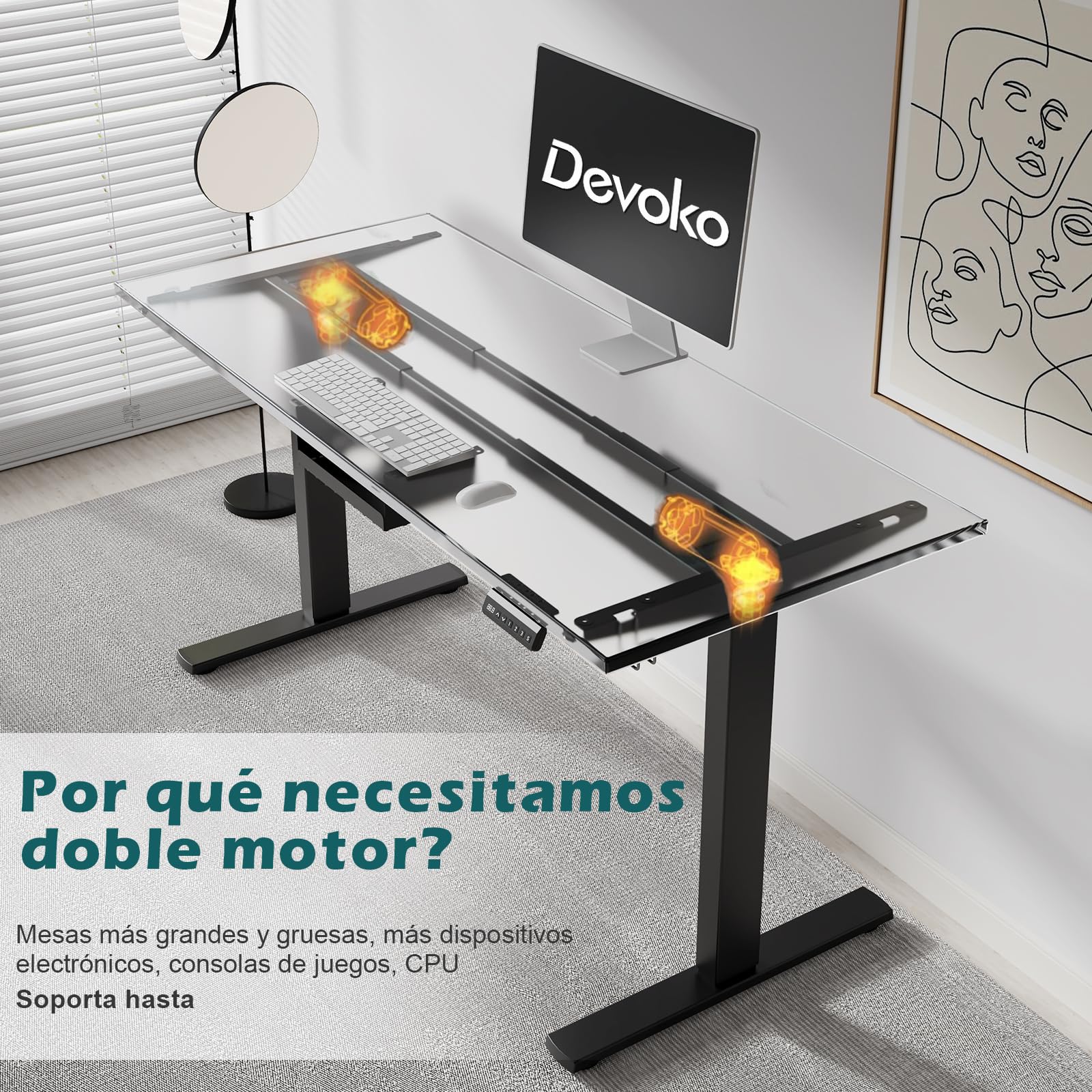 Devoko Estructura de Escritorio Regulable en Altura 73-120cm con 2 Motores Potentes Marco de Escritorio de pie con 3 Botones de Memoria y Ruedas, Ganchos, Caja de Gestión de Cables Negro | Doble motor silencioso, altura ajustable, ruedas móviles + ganchos