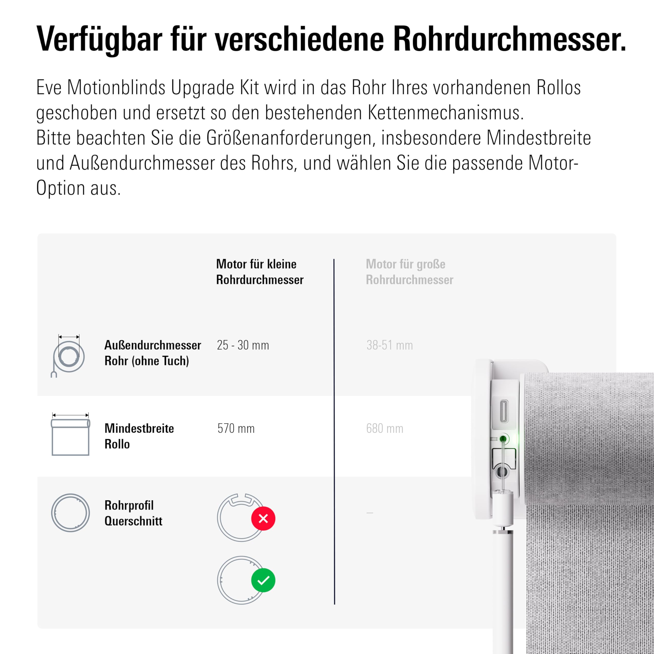 Eve Motionblinds Upgrade Kit (Matter) - Motor für kleine Rohrdurchmesser | macht bestehende Innenrollos smart (App-/Sprachsteuerung/Zeitplan), für Alexa/Apple/Home Assistant/SmartThings/Google
