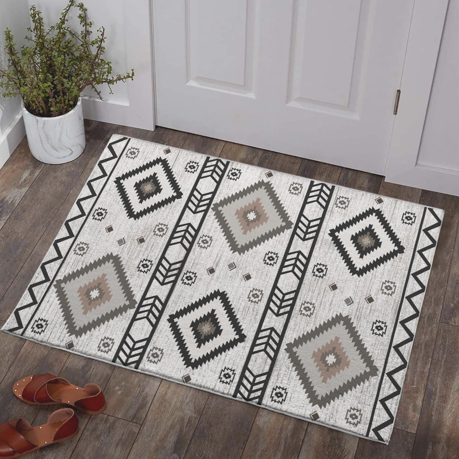 Western Area Rug 3x5 Southwestern Grey Carpet Washable Door Mat Low Pile Aztec Indoor Outdoor Floor Rugs Soft Non Slip Rug for Entryway Bathroom Bedroom Beside Kitchen Home Decor 3'x5'