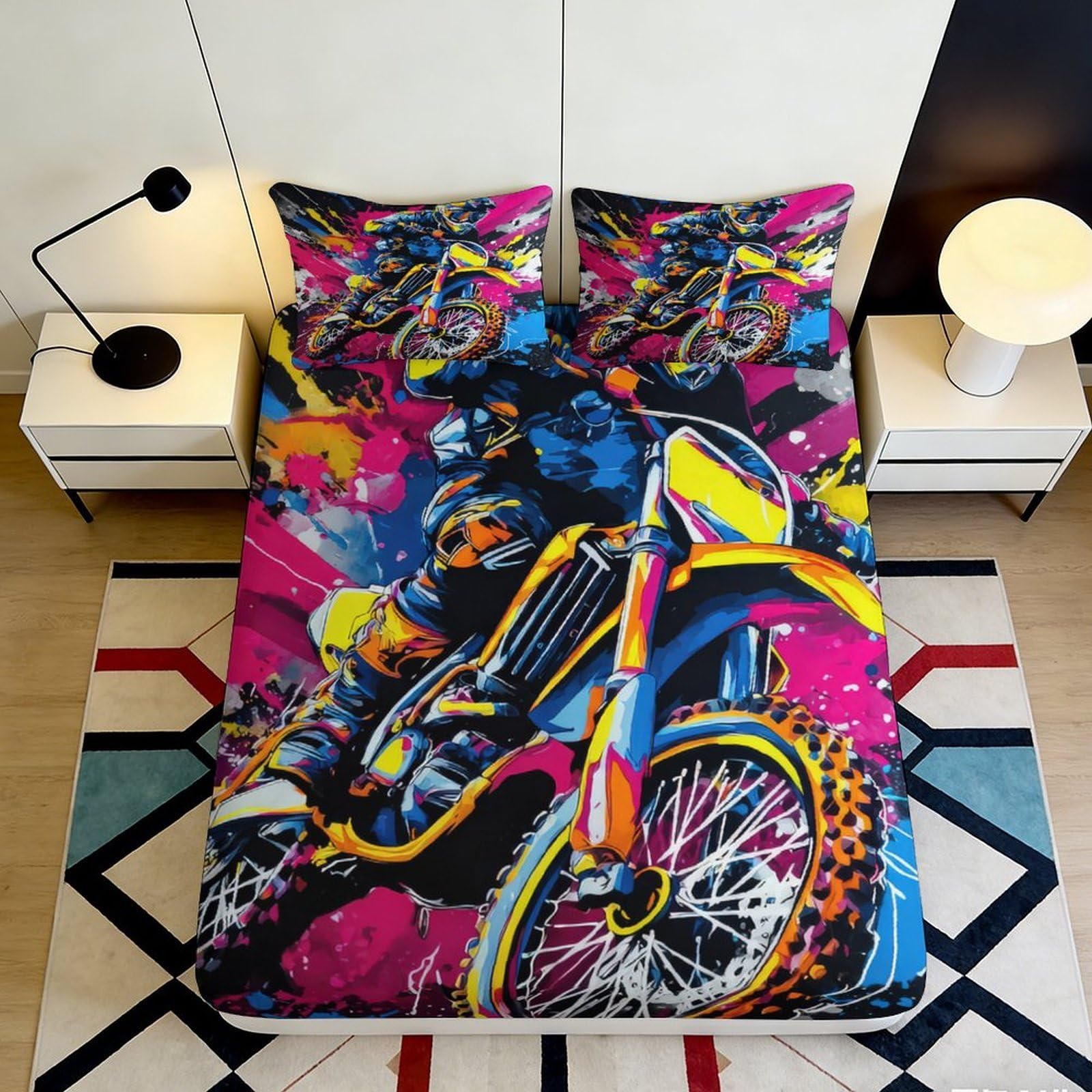 Pnayamiorkfel Style-6 3D Printed Motocross Graffiti Fitted Sheet Microfiber Soft Colorful Bike Bed Cover For Bedroom Guest Room Decor 90X200x25cm