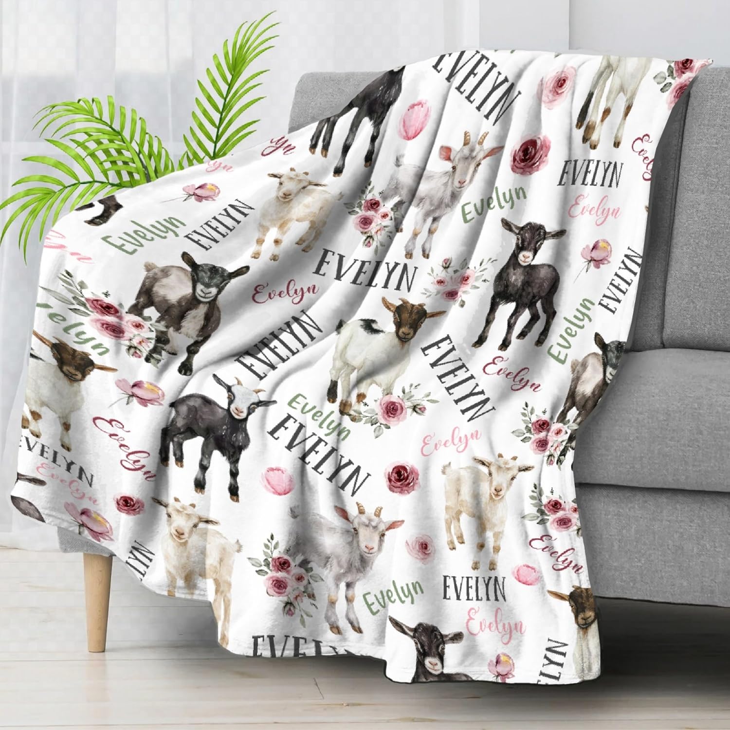 Personalized Goats Floral Blanket Gift for Boy Girl, Custom Goats Floral Plush Blanket Decor Soft Flannel Fleece Lightweight Throw Blanket Quilt for Couch Sofa 50x40In for Child/Kids