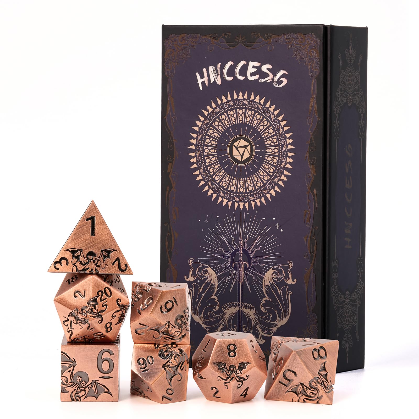 Juego de dados de metal – Diseño Pulpo,7 piezas D4 D6 D8 D10 D12 D20 D00,Dados poliédricos Premium para RPG y juegos de mesa, caja de regalo magnética (bronce antiguo)