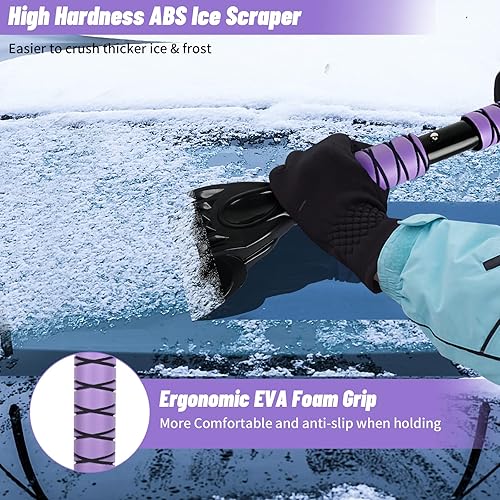 Miniatura 4 de OUSHASAA Rascador de hielo y cepillo de nieve de 44 pulgadas para parabrisas de automóvil con extensible, pivotante de 360, cabeza de cerdas suaves,