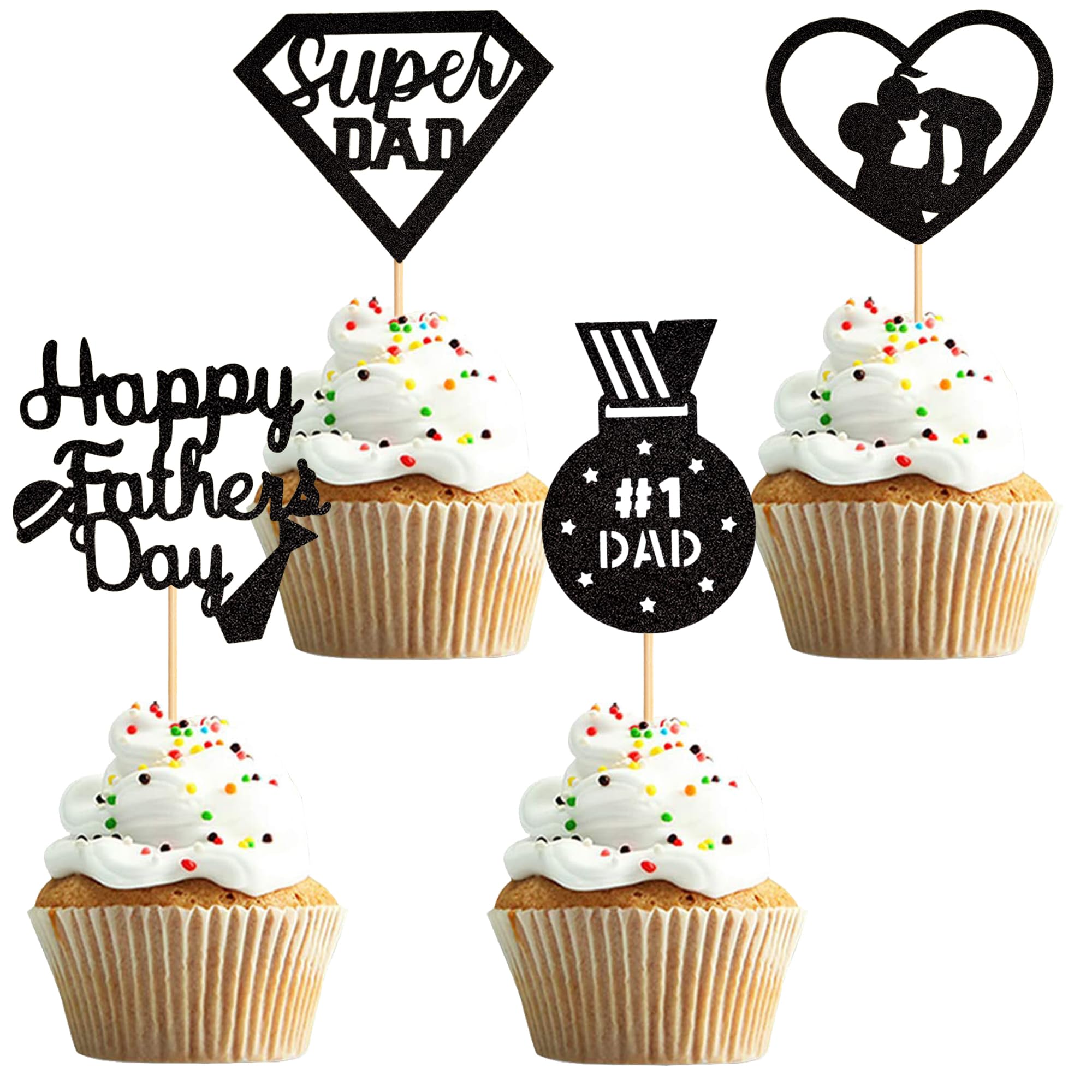 UXYOKM 24Pcs Happy Father's Day Cupcake Toppers Black Glitter Super Dad Heart Medal Cupcake Picks for Fathers Day Party Cake Decorations Supplies