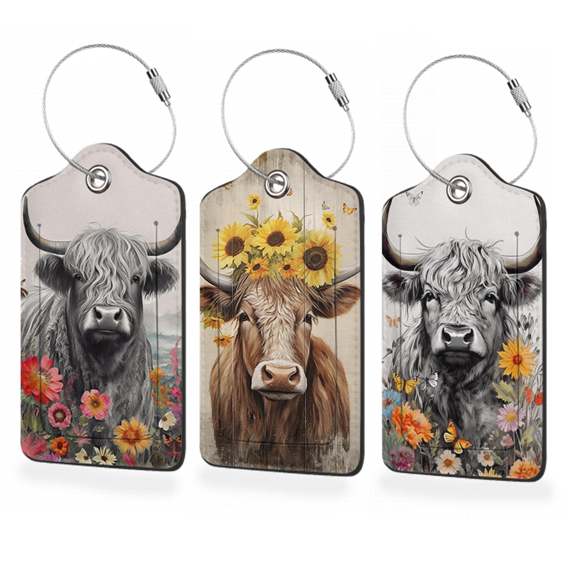 3 Pack Luggage Tag for Suitcase,Highland Cow Leather Luggage Tags with Privacy Cover Name ID Label Identifiers Travel Bag Tags for Women Men Boys