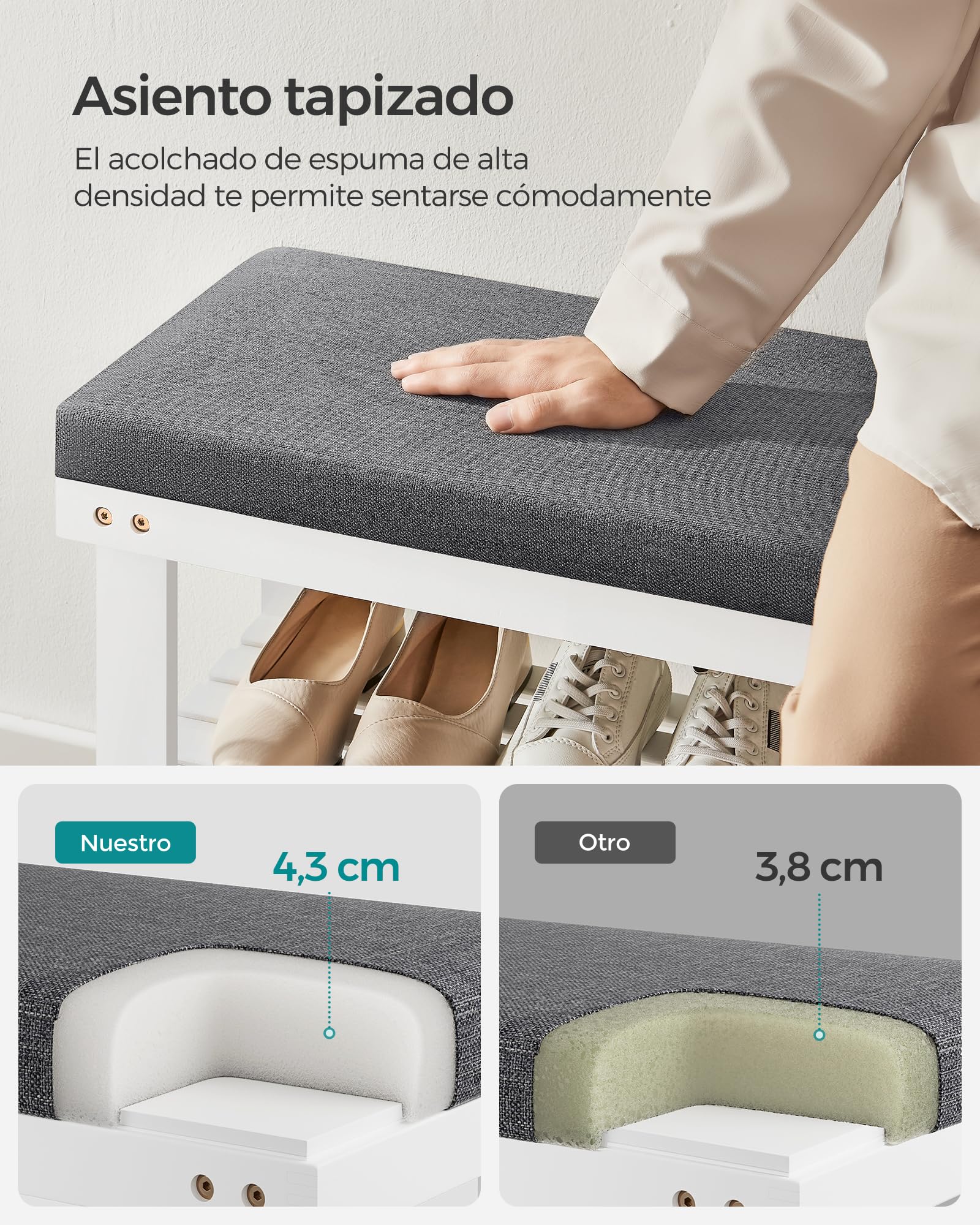 SONGMICS Banco Zapatero de Bambú, 2 Niveles, para Entrada, 29 x 90 x 49 cm | Organizador de Zapatos Estable, Soporta hasta 136 kg, Sala de Estar, Blanco y Gris, Colección BAMBOU, LBS904W01