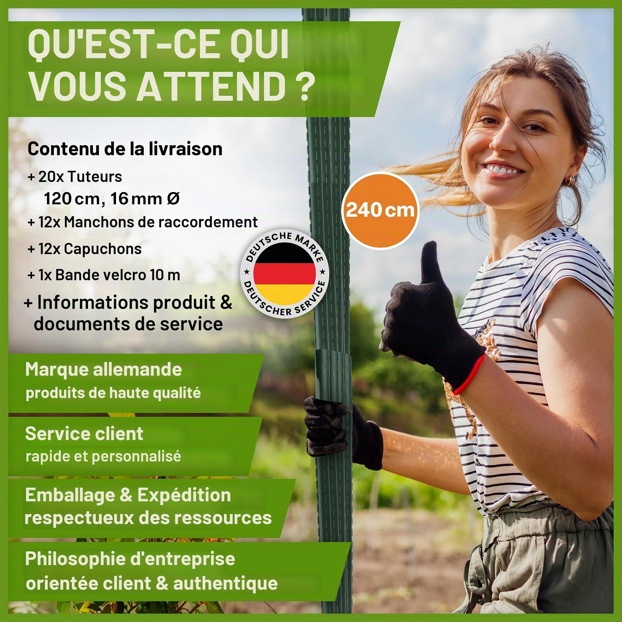 TTL GARDEN Lot de 10 tiges de treillis - 240 cm x 16 mm de diamètre - Vert