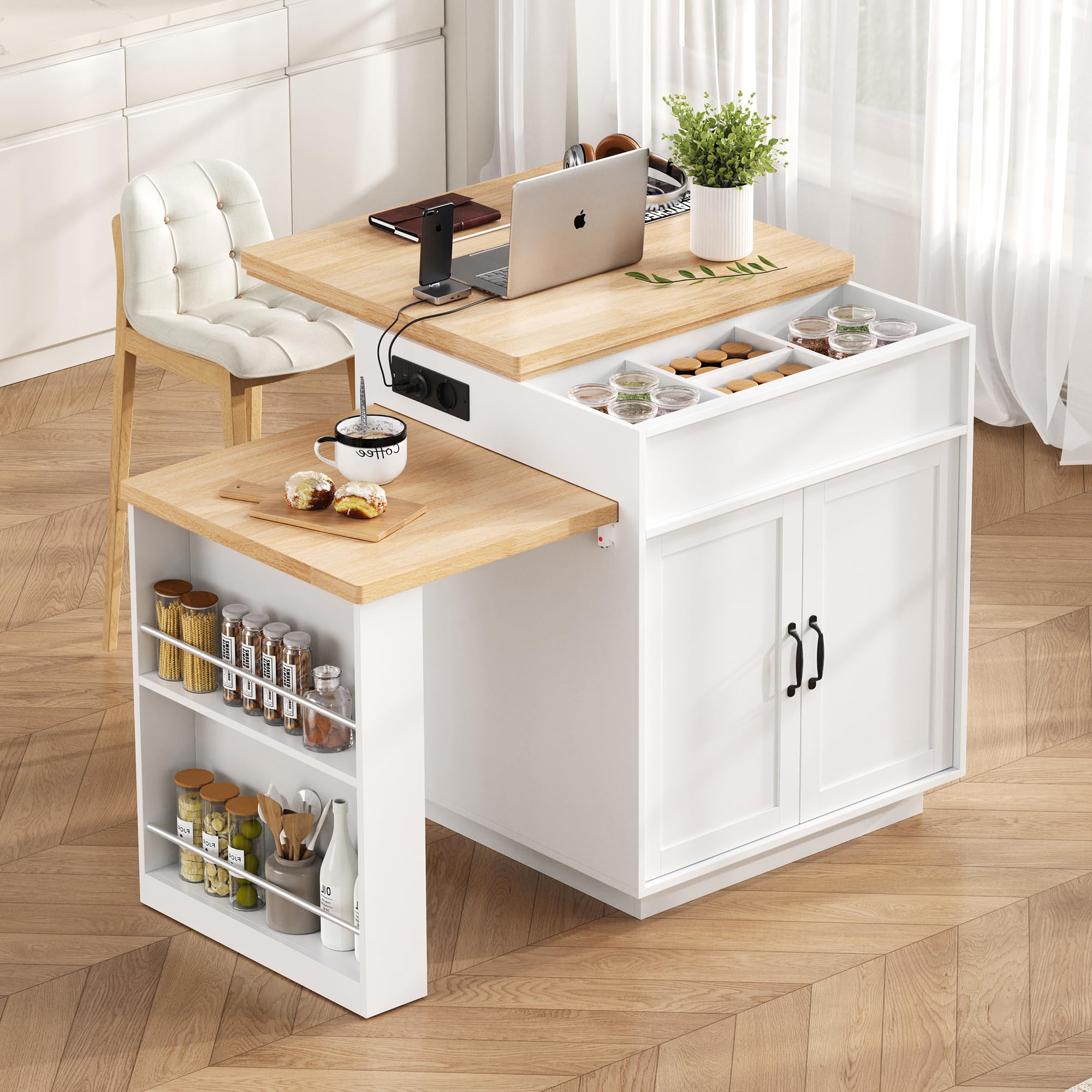 Kebnor Kücheninsel mit Rollen, Ausziehbarer Esstisch mit LED-Beleuchtung, Küchentisch mit Steckdosenleisten, dient als Kücheninsel, Anrichte, Sideboard oder Bartisch für Küche und Esszimmer (Weiß)