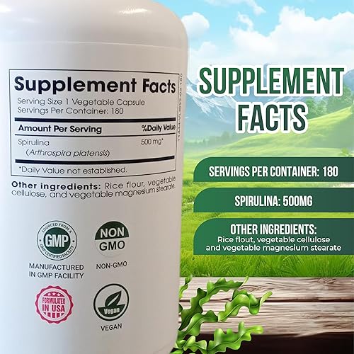 Miniatura 4 de Cápsulas naturales de espirulina súper verde suplemento en polvo  Polvo de espirulina Nutri Flow Superfood 500mg  Vegetal vegano sin OMG rico en