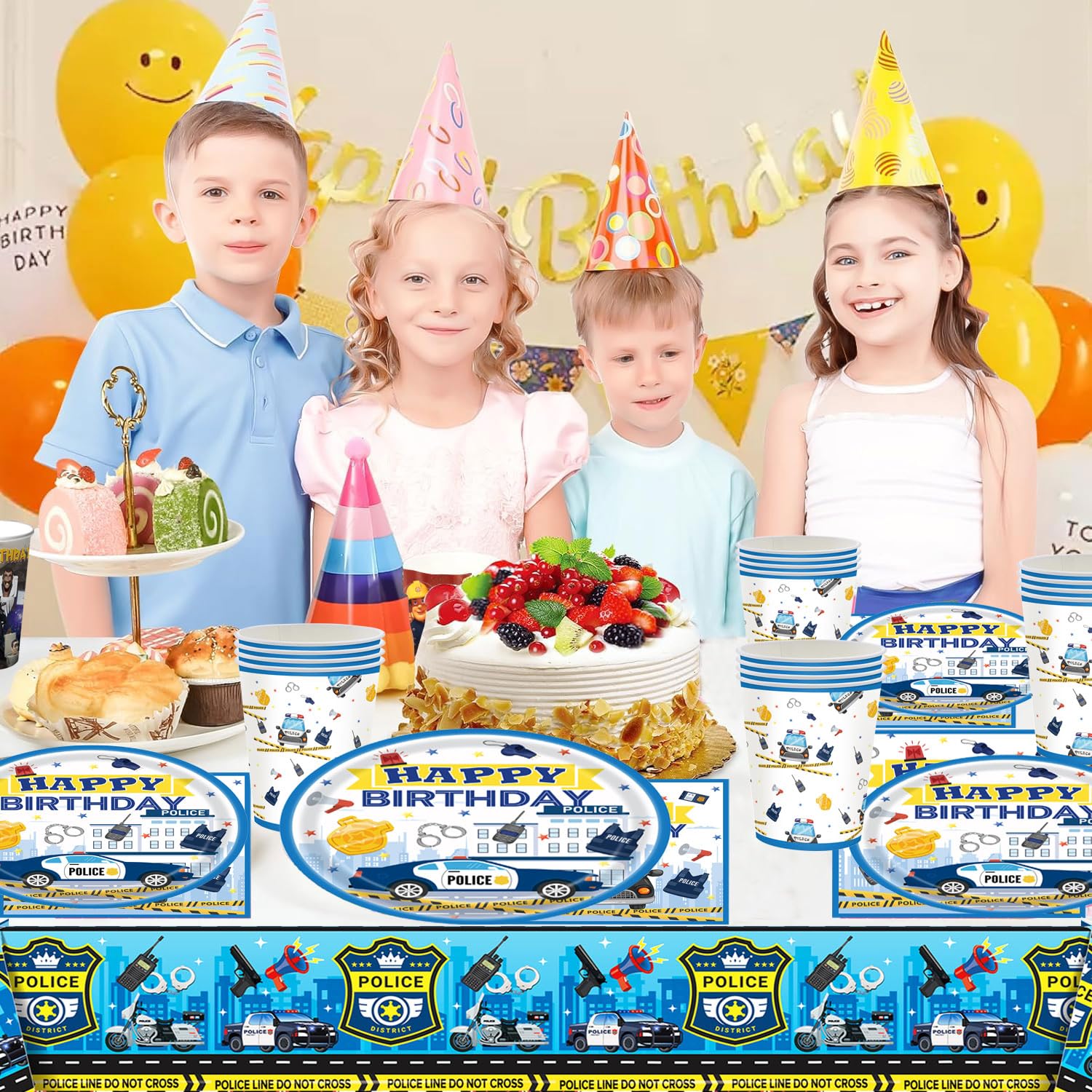 61 pezzi di stoviglie per festa di compleanno con auto della polizia, stoviglie per festa di compleanno per bambini, decorazioni a tema auto della polizia, tazze, piatti, stracci