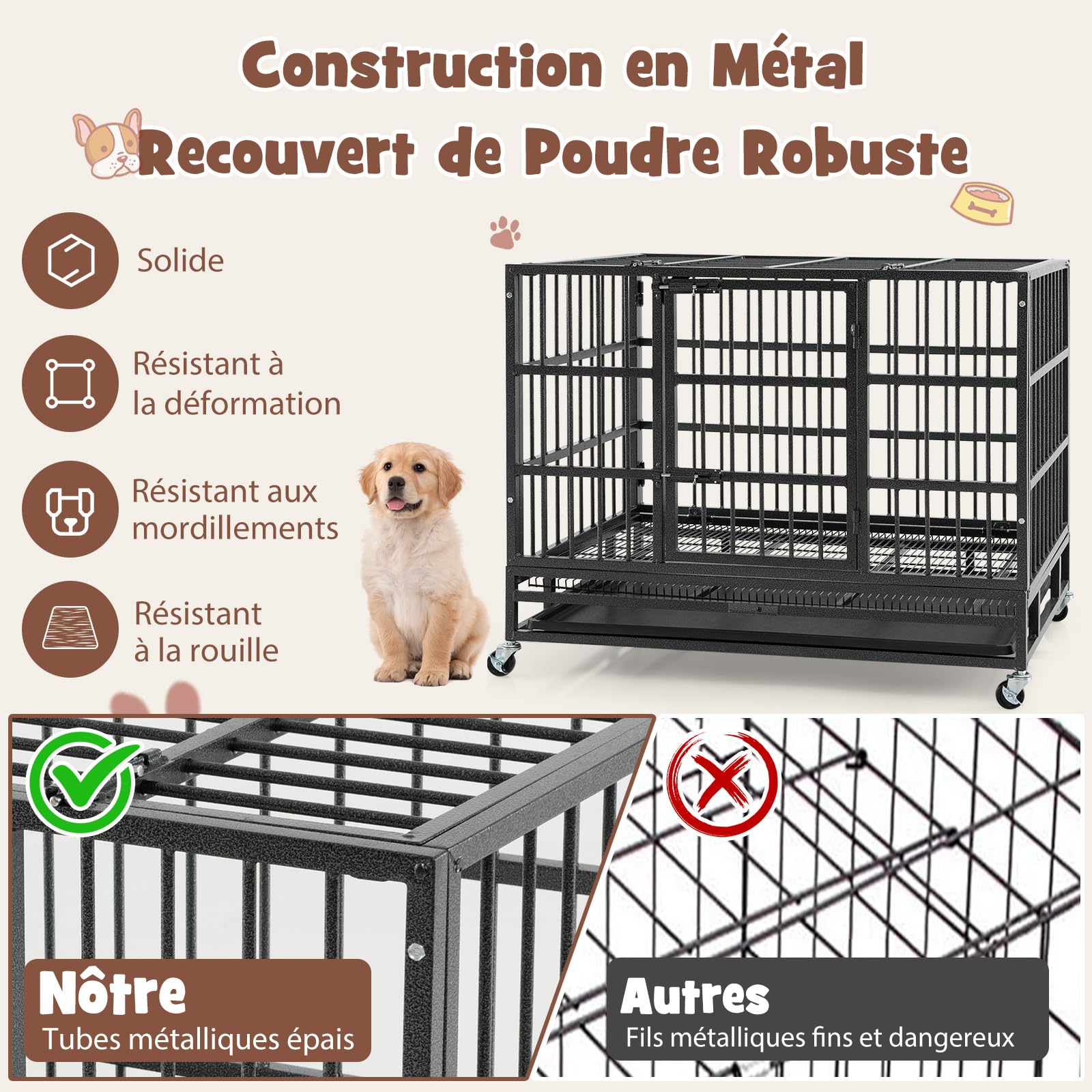 COSTWAY Cage pour Chien, Cage Chien Pliable à roulettes, 2 Portes Verrouillables, Plateau Amovible, Anti-Mastication, Cage Chien Interieur, Cage de Transport pour Chien (L)