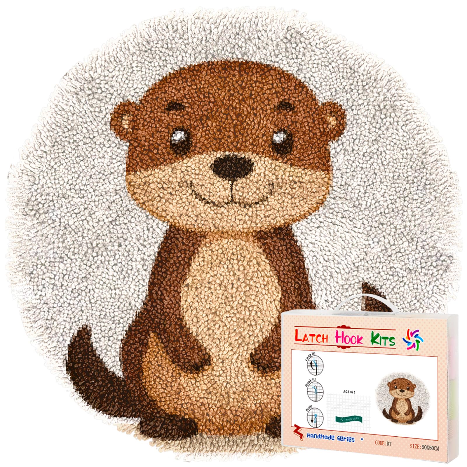 Latch Hook Rug Kit A Cartoon Cute Otter Stamped Handmade Round Shape Carpet Crochet Yarn Craft DIY Hook and Latch Door Mat Tapestry for Home Floor Decor 50x50cm