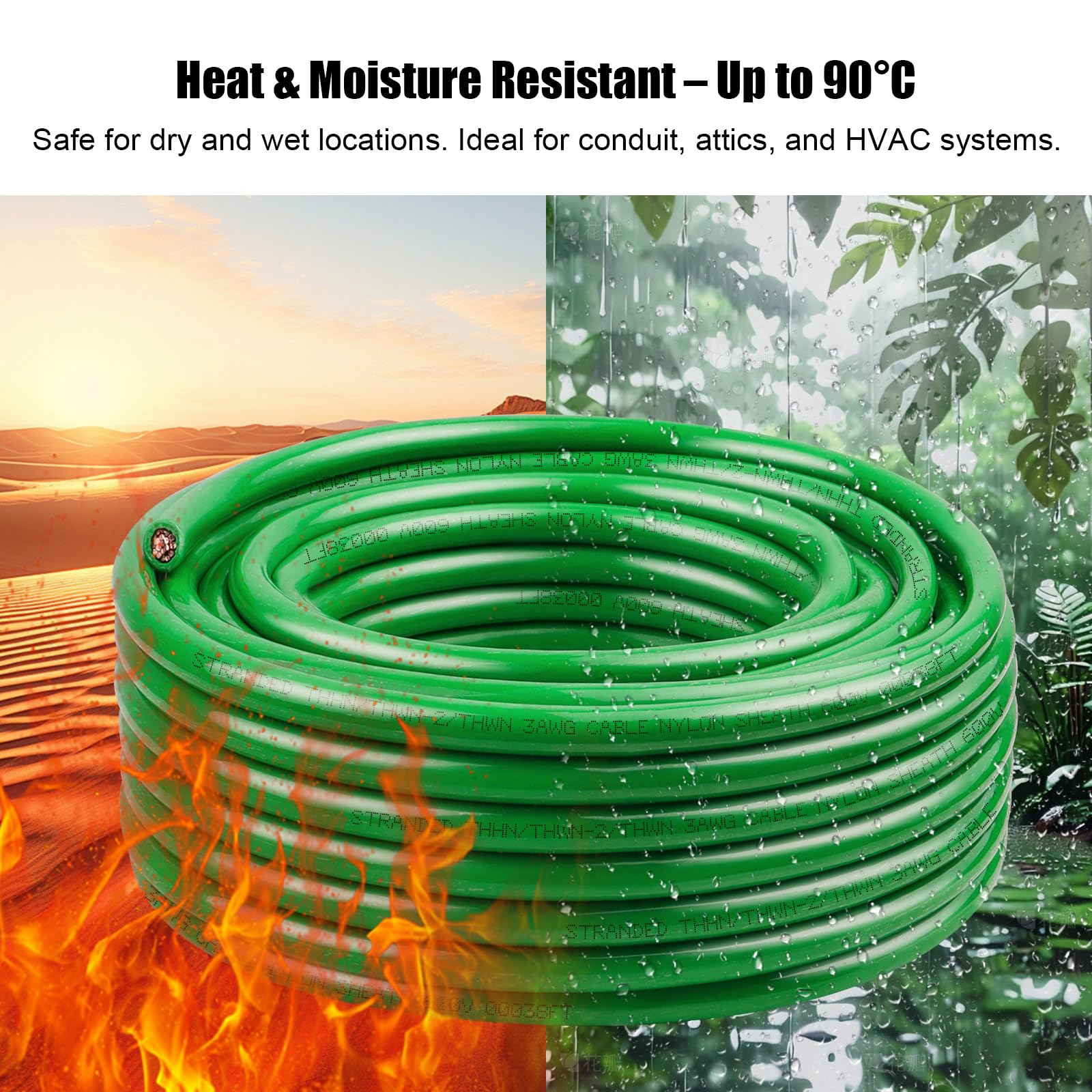 XRDS -RF 3 AWG THHN trenzado Alambre de cobre, cable de tierra verde 100FT, cable de construcción nominal de 600V, ideal para cableado de paneles, conexión a tierra, circuitos de iluminación, sistemas