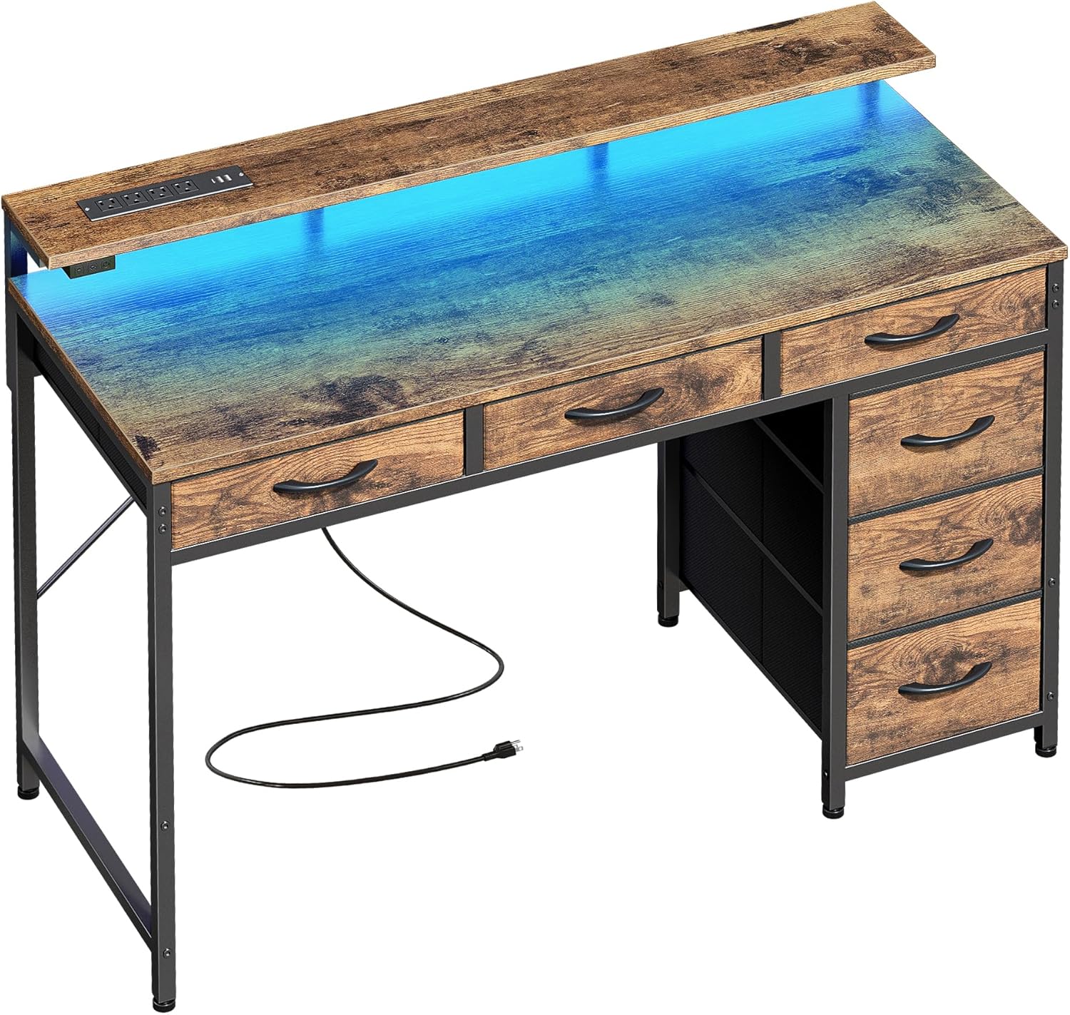 huuger gaming desk with 6 drawers, computer desk with led lights power outlets and type-c, 39 inch office desk with storage, monitor stand, writing desk work desk home office, study, rustic brown 39 inch rustic brown