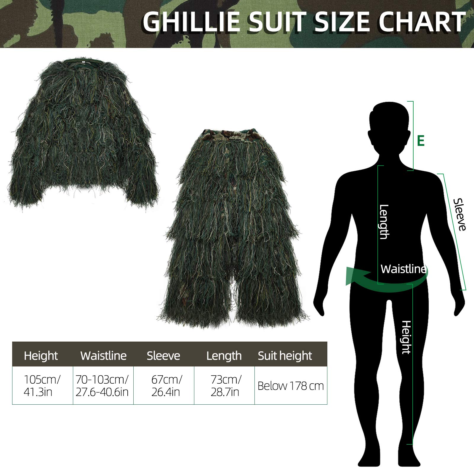 PELLOR Tuta Mimetica 3D Ghillie, 6 Pezzi Tactics,Abbigliamento da Caccia,Cecchino,Nastro Mimetico,Autoadesivo,Riutilizzabile,Mimetico,Cappello per Caccia,Campeggio