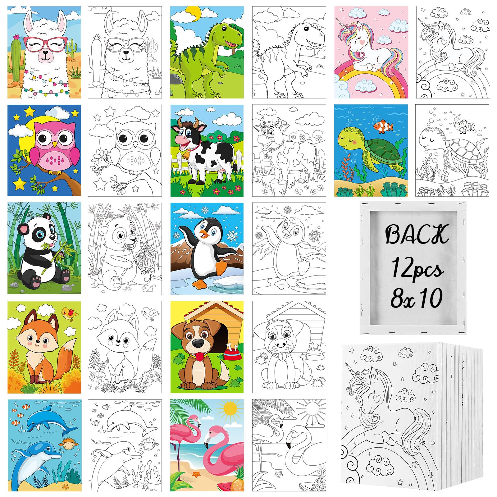 Ctosree 12 Pcs Pre Drawn Canvas for Painting for Boys Girls Pre Printed Cute Bulk Painting Canvas with Pictures to Paint Gift for Valentines Party Favor Activities(Animals,10" X 8")