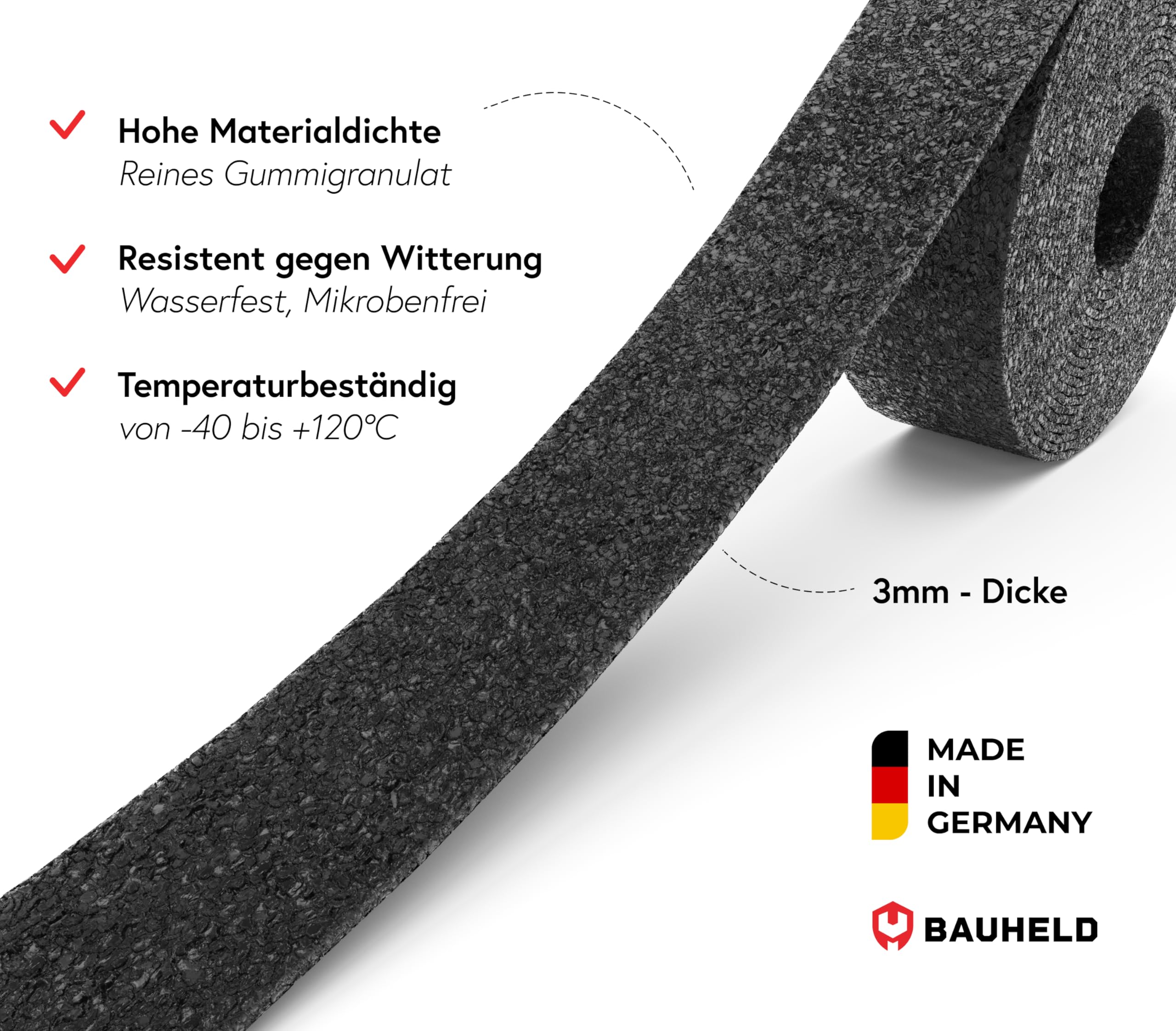 BAUHELD® Terraspads op rol 10m x 50mm x 6mm [Made in Germany] Stabiele bouwbeschermingsmat van rubbergranulaat - Als onderlegger voor terrasplaten, WPC terrasplanken, steunvoeten, balkon