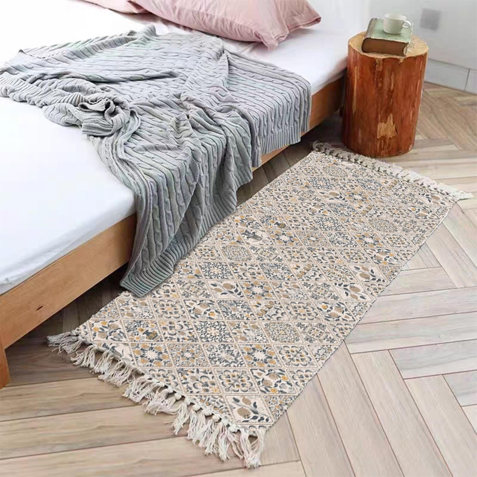 Tapis vintage petite taille 50x80cm coton lin géométrique beige kaki clair