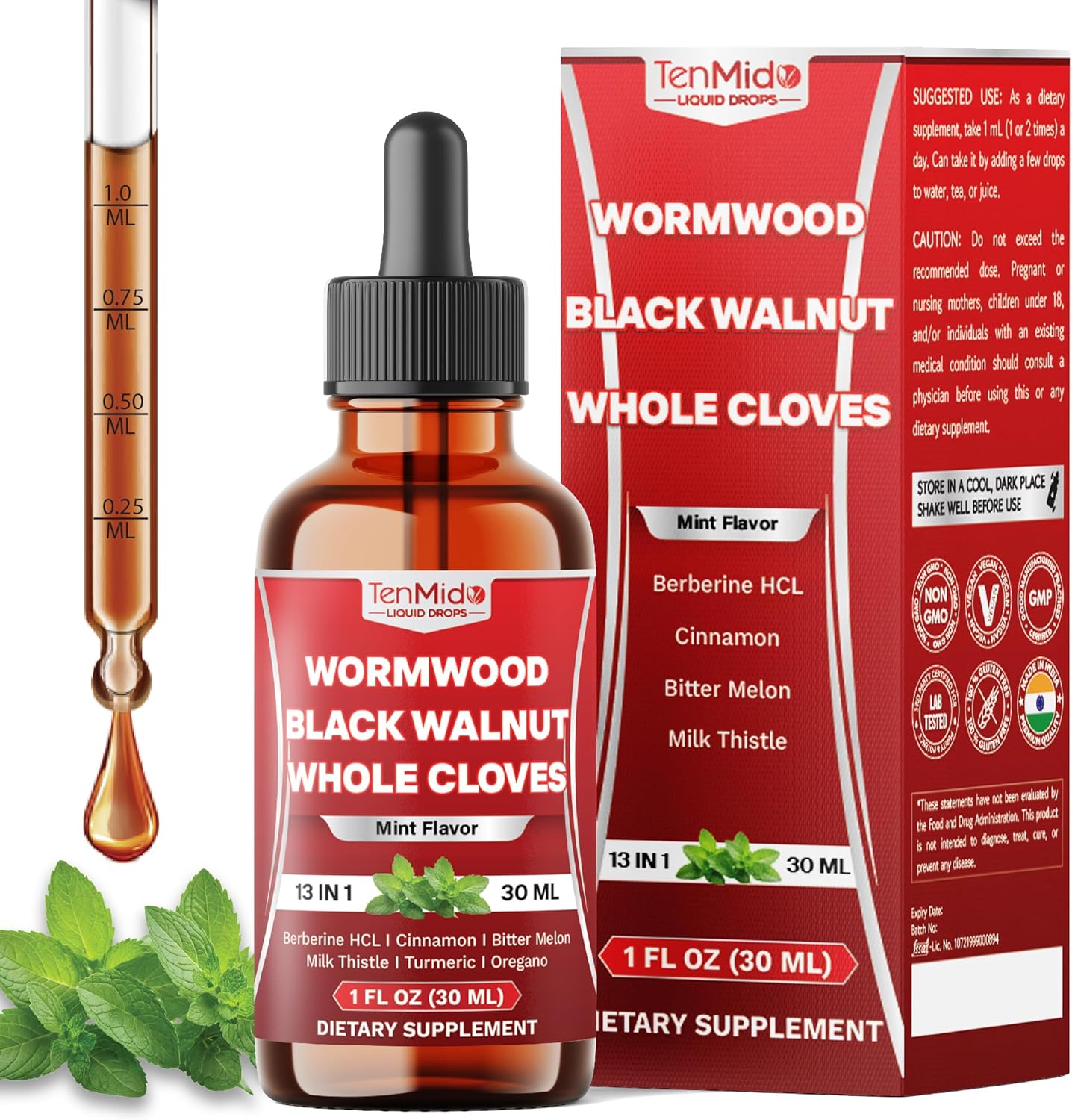 13in1 Wormwood Tincture - Wormwood Black Walnut Clove Extract with Berberine HCl, Ceylon Cinnamon, Bitter Melon, Milk Thistle, Turmeric & More - 30 Days Supply - 1 FL Oz