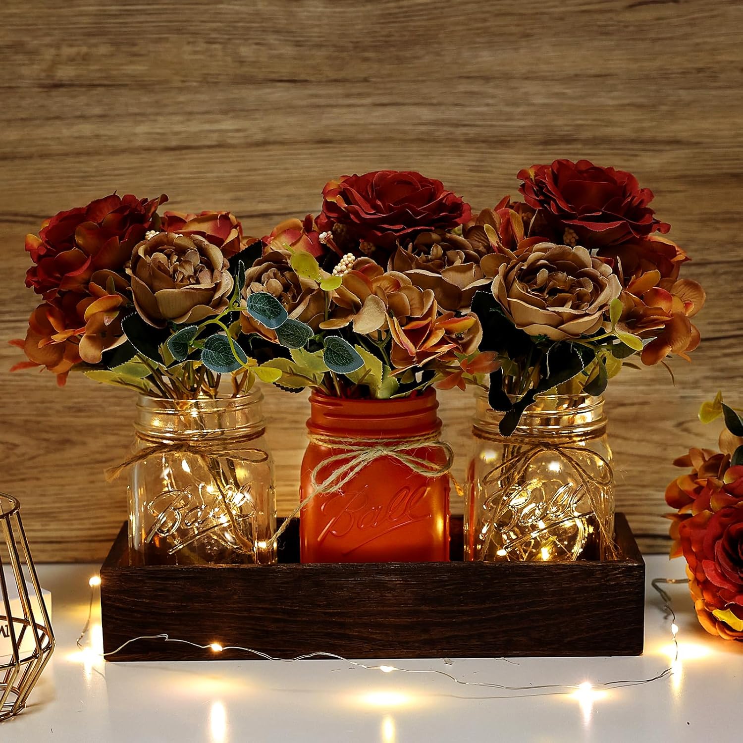 Mason Jar Centerpiece Table Decor for Dining Room Fall Farmhouse Coffee Table Decor with Wood Tray Fairy Lights Fake Flowers for Kitchen Living Dining Room - Orange, 11 inches - Image 4