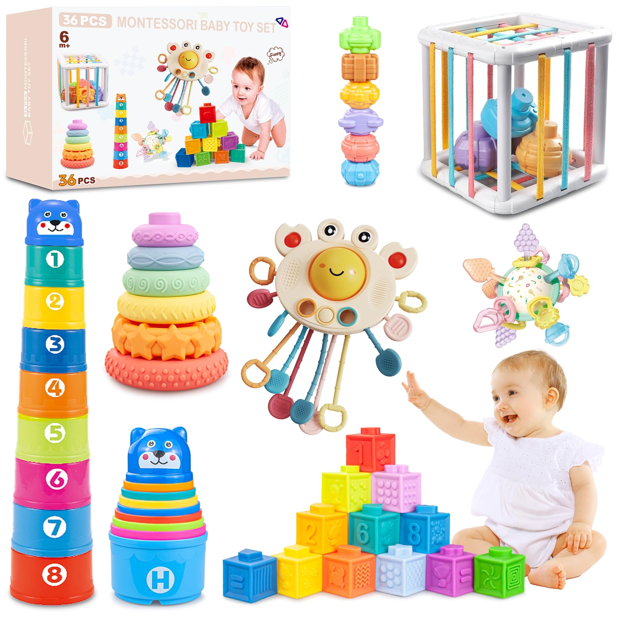 Juguetes para bebés de 6 a 12 meses, juguete Montessori para bebés de 6 a 12 meses, incluye bloques de construcción suaves y juguete de cuerda de silicona y cubo sensorial y bola de Manhattan y 2