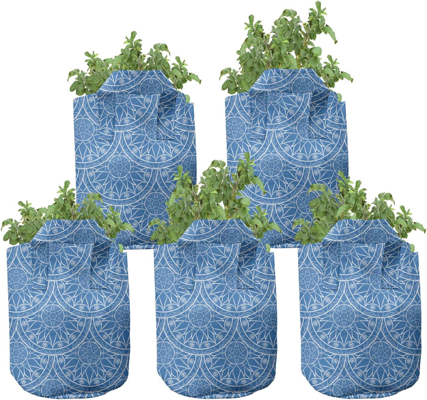Ambesonne Blue Mandala Grow Bags 5-Pack, Monochrome Floral Art, Heavyduty Fabric Pots with Handles for Plants, Sea Blue White