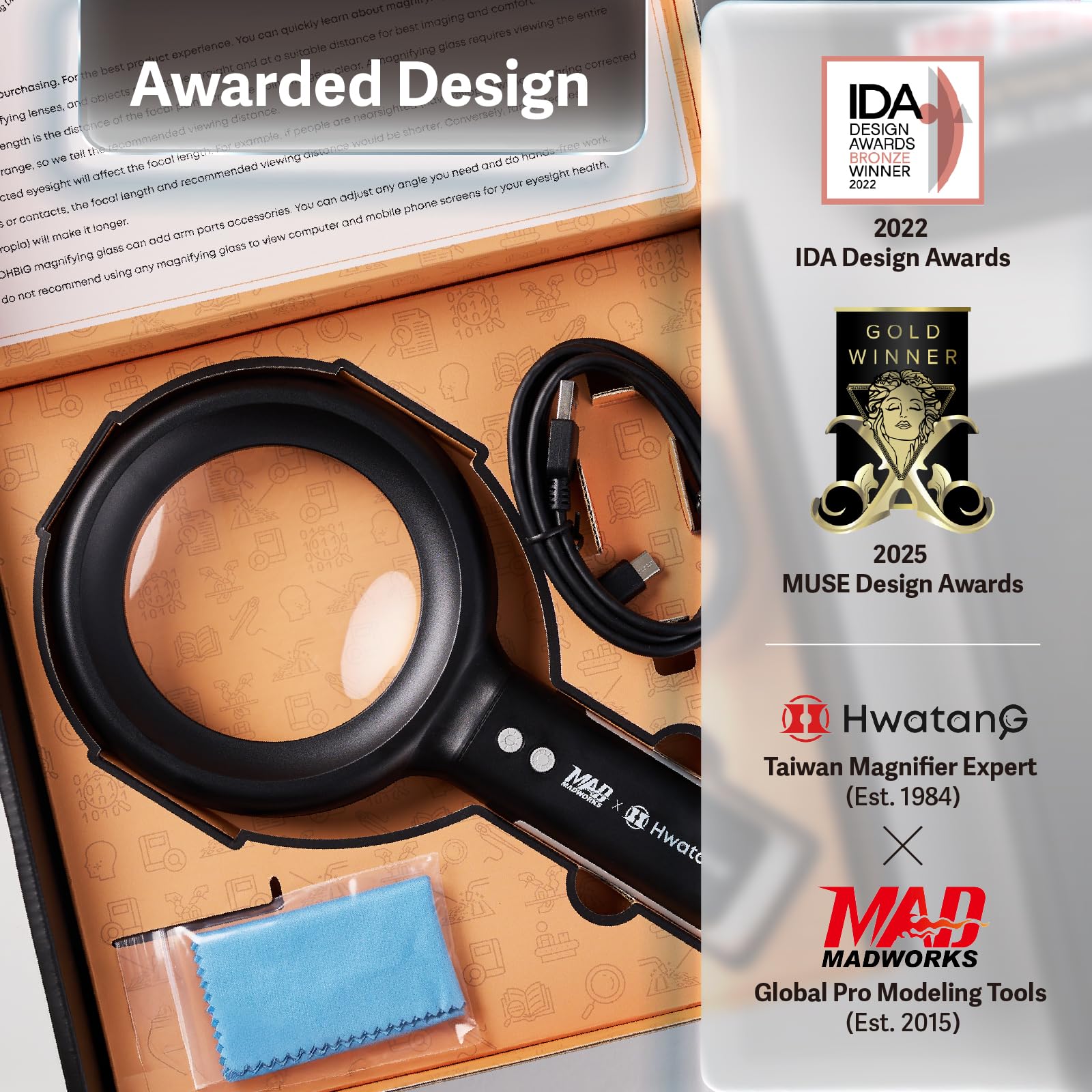 HWATANG OHBIG - Lupa LED de tonificación de atenuación de 2.3x/5D/100 mm, lente óptica de vidrio blanco K9, montaje de modelo, soldadura, inspección de la piel, luz de anillo Ra>90, lupa de lectura