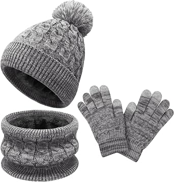 Kids Winter Hat Gloves Scarf Set Warm Fleece Beanie with Pom Knit Neck Warmer Mittens for Boys Girls Ages 3-8