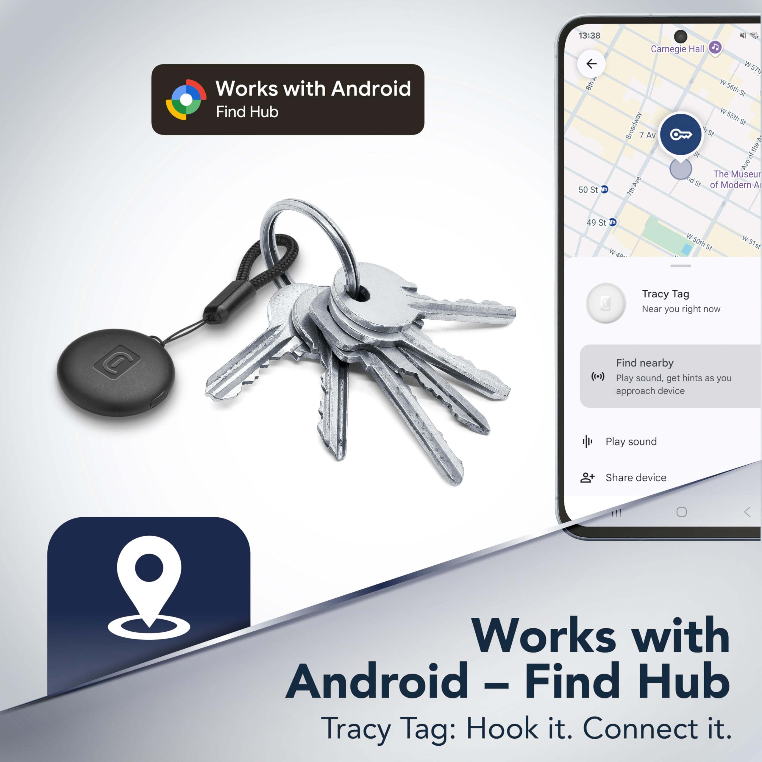 Cellularline TRACY TAG Bianco per Android, Mini Smart Tracker con App Trova il Mio Dispositivo di Google, Compatibile con Accessori AirTag, Batteria Sostituibile