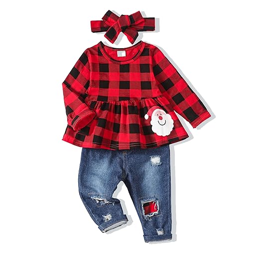 Infant 9-12 Months Christmas Girl Clothes Fall Winter Baby Outfits for Girls Red Plaid Denim Pants Cute Baby Girl Clothes 9-12 Months