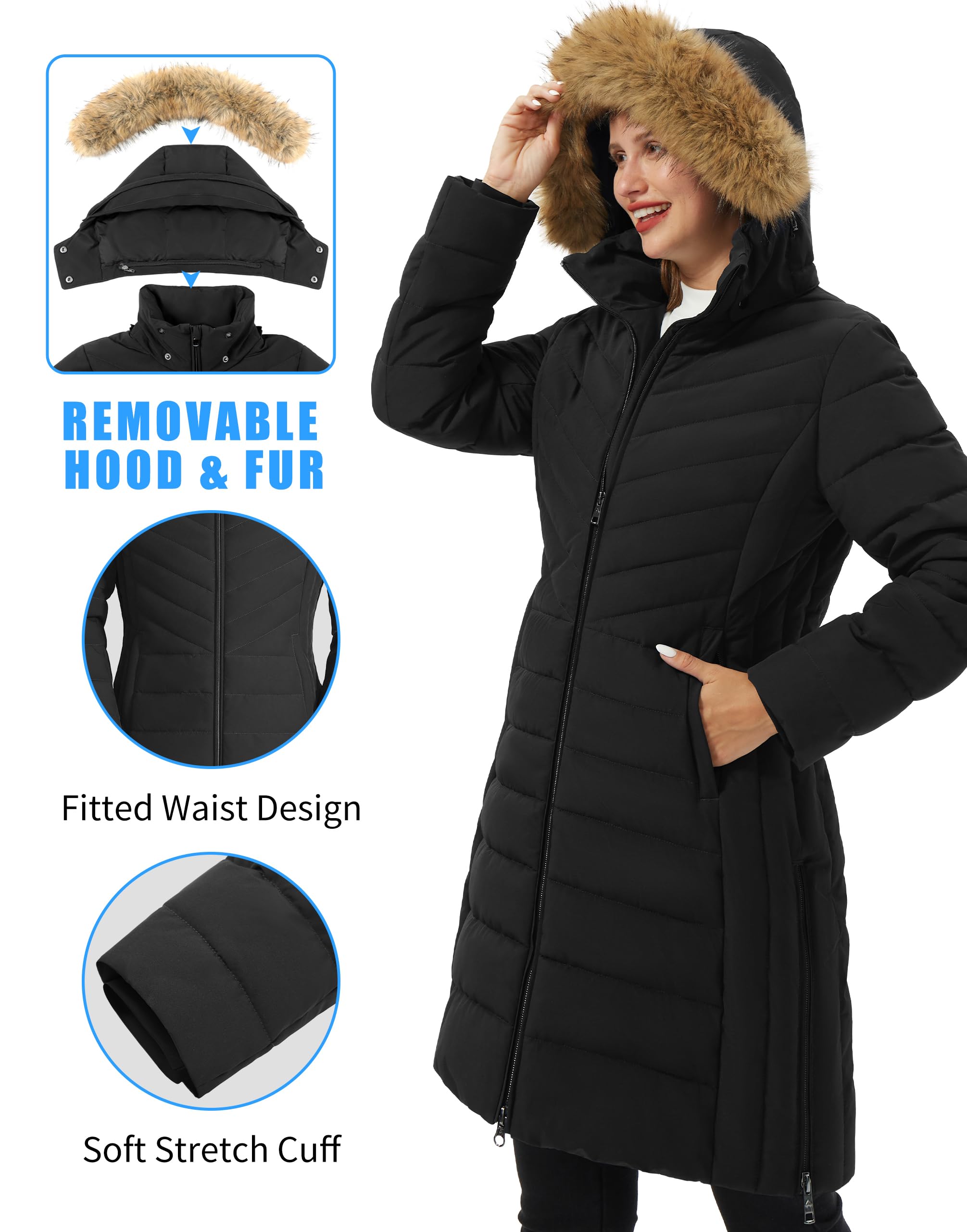 Pioneer Camp Cappotto invernale da donna, lungo, caldo, trapuntato, impermeabile, invernale, con colletto in pelliccia sintetica rimovibile