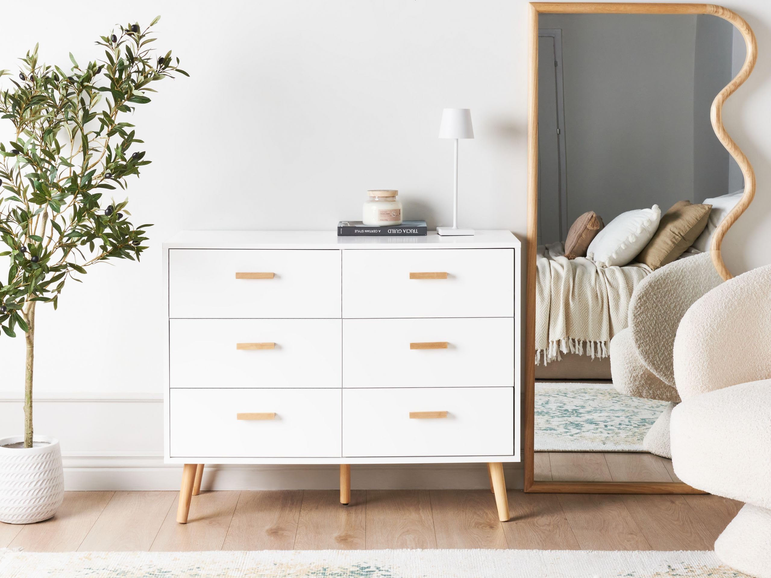 Cassettiera scandinava 6 cassetti gambe in legno bianco