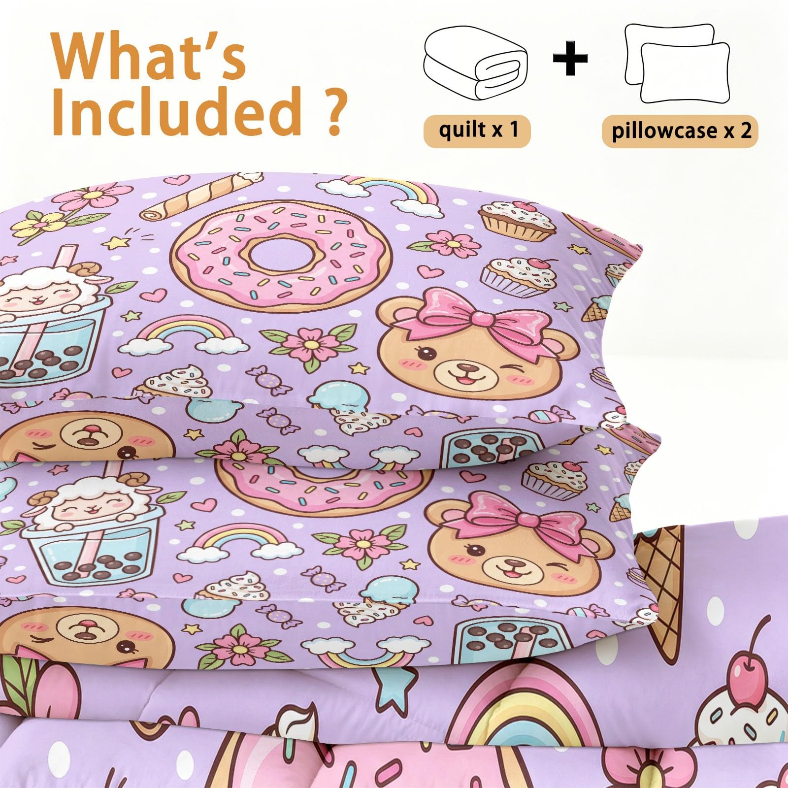 Doppelseitig Bettdecke 135 x 200 cm, Cartoon Muster Wende Bettdecken, Donut Teddybär Milchtee Waschbare Bettdecke ohne Bezug mit 2 Kissenbezüge, Rosa Lila Weich Steppdecke für alle Jahreszeiten