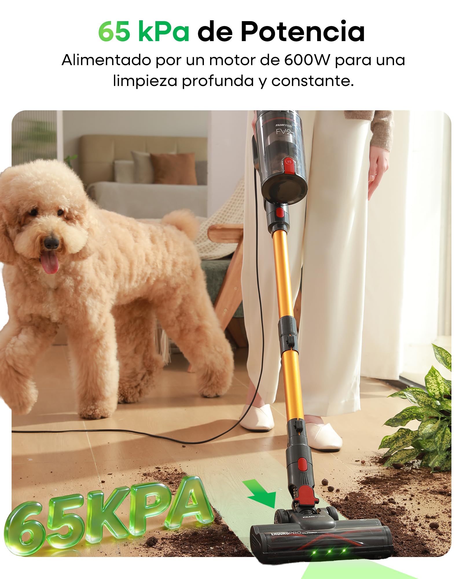 FAMIVAC FV2 Aspiradora con Cable, 65Kpa/600W Aspirador Potente con Cepillo para Colchón, 1,3KG Ligera, Cable 7M, 1,5L, Cepillo Antienredos & Autoportante para Alfombras, Suelos, Pelos de Mascotas
