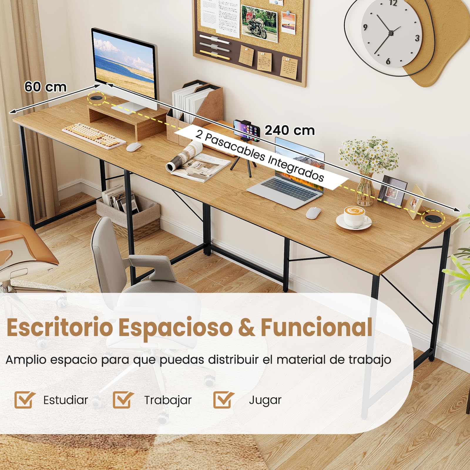 COSTWAY Escritorio de Ordenador en Forma de L, 3 Orificios para Cables, Estante Extra, 2 Formas, Mesa de Trabajo de 2 Personas，Mesa Escritorio Esquina Gaming, 240x60x74,5cm (Natural)