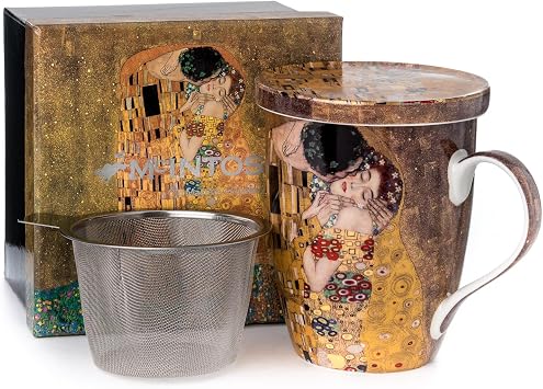 McIntosh Gustav Klimt The Kiss Fine Bone China (15 oz) Tea Mug with Infuser and Lid in Matching Gift Box