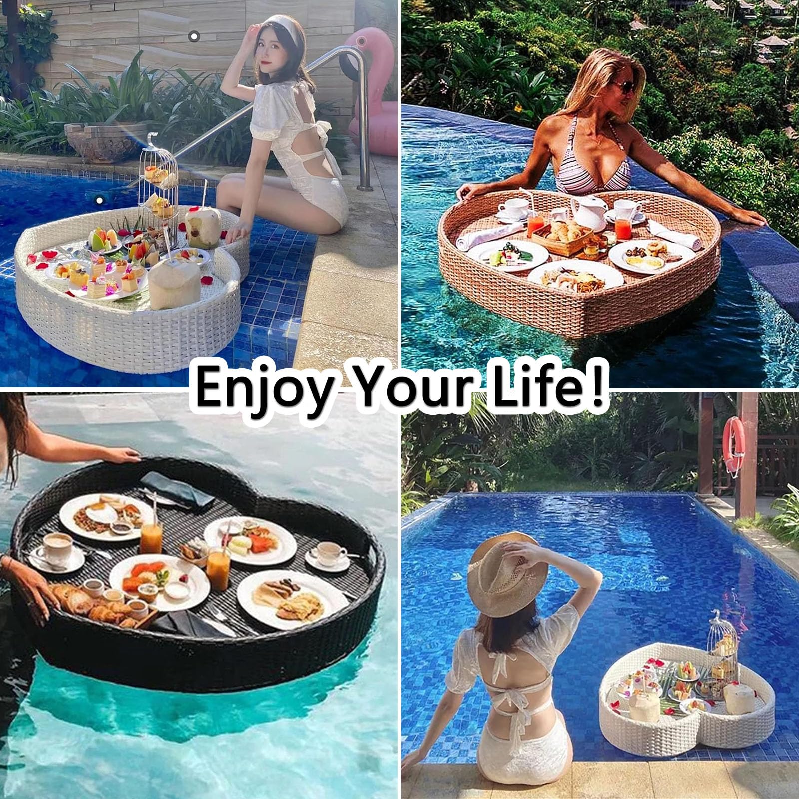 Rattan di Lusso Vassoio Galleggiante, Vassoio Galleggiante con Maniglia, Galleggianti per Piscina, Multiuso Vassoio da Pranzo in Vimini per Servizio in Piscina
