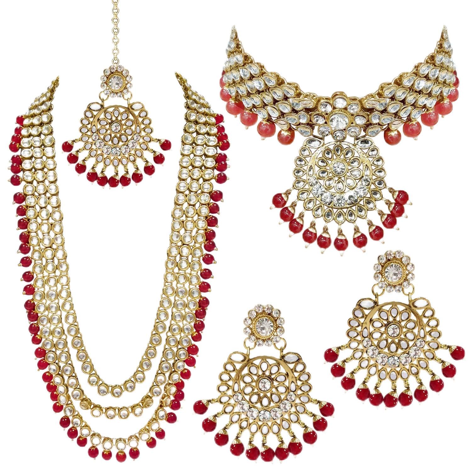 Traditional Gold Plated Kundan Pearl Wedding Choker Necklace Set Earrings & Maang Tikka for Women (IJ325)