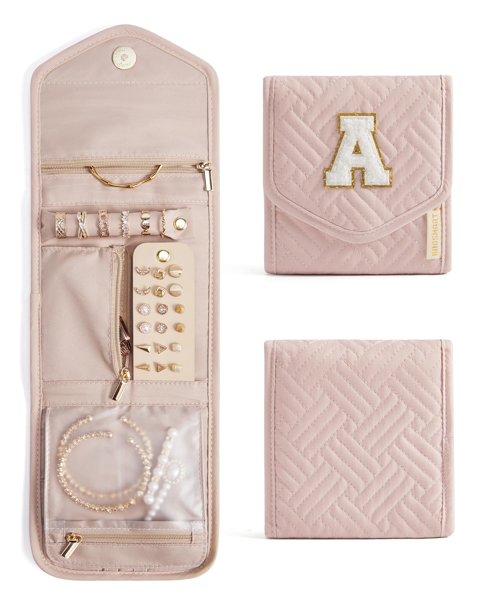BAGSMART Travel Jewelry Organizer Case A Initial Jewelry Roll,Soft Pink