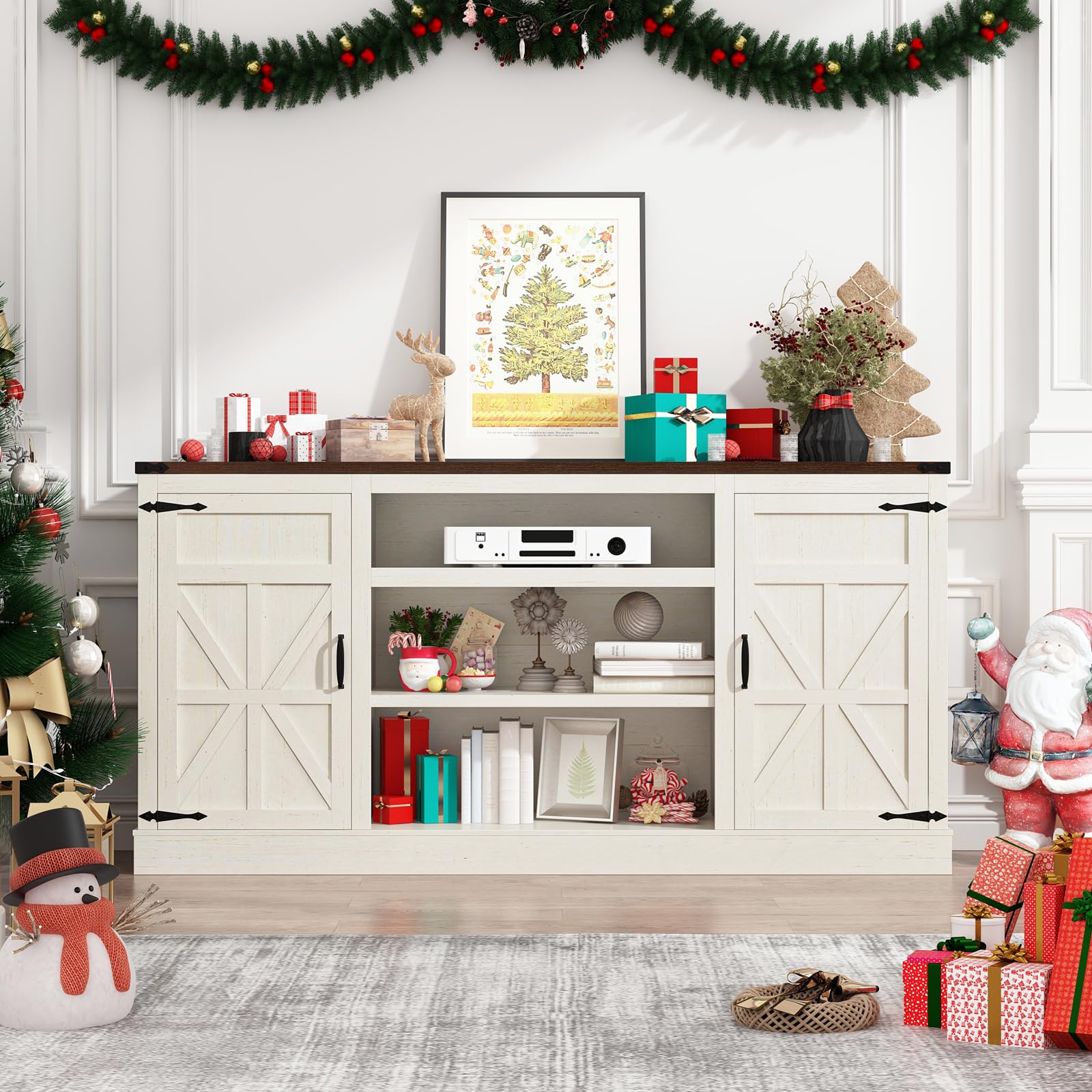 66" Farmhouse TV Stand with Power Outlets for 75 Inch TVs, 33" Tall Entertainment Center with Storage Cabinets w/Adjustable Shelves, Rustic Large TV Media Console, Rustic White