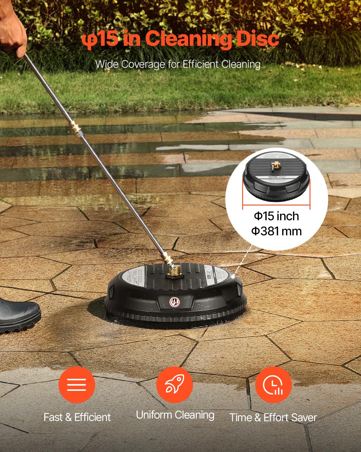 VEVOR 38.1 cm myjka ciśnieniowa do czyszczenia powierzchni, plastikowe nasadki do myjki ciśnieniowej z 4 kółkami, maks. 3000 PSI, szybkozłącze 1/4, 2 dysze natryskowe, 2 przedłużone różdżki na