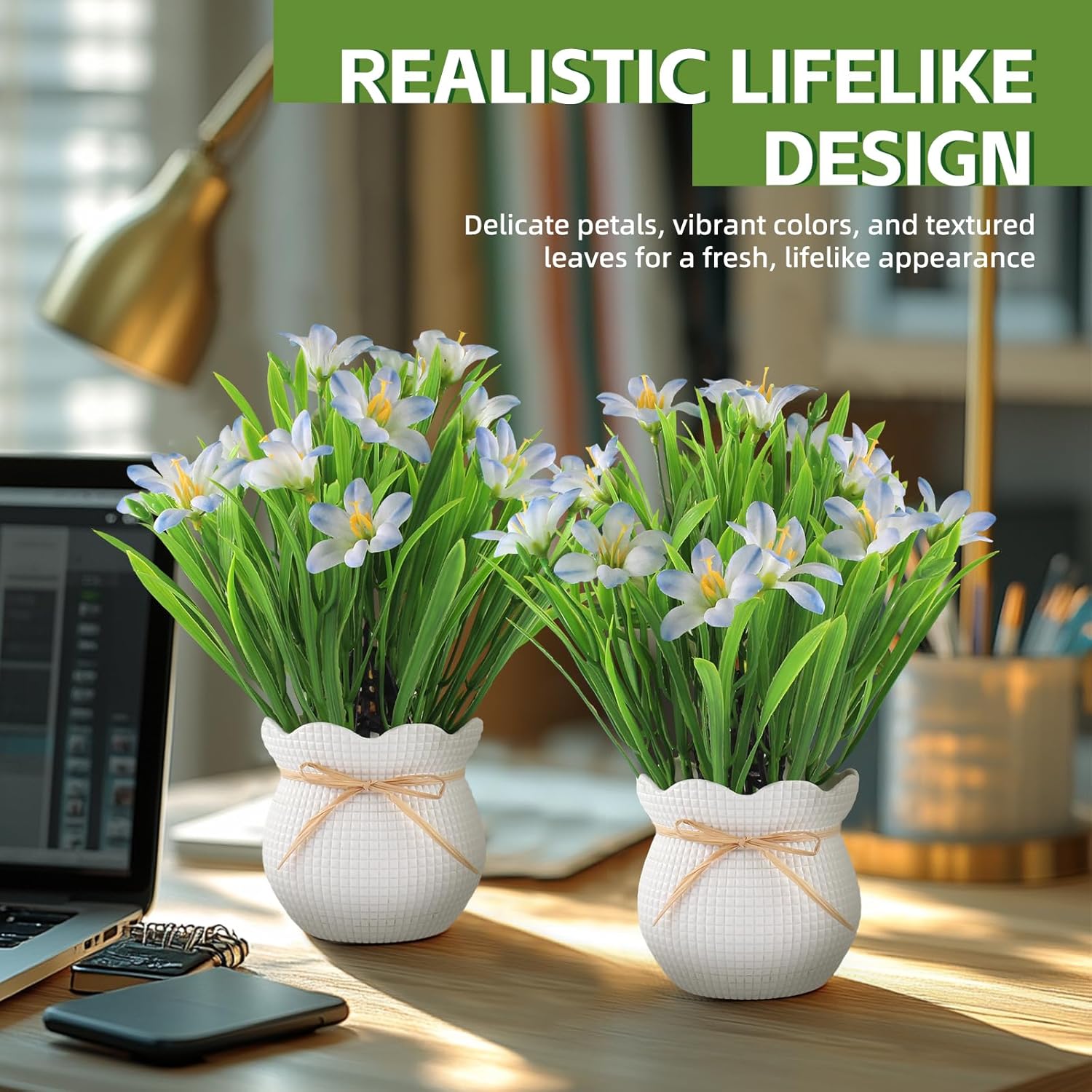 Artificial Flowers Plant UV Resistant Realistic Potted Faux Flowers Lifelike Greenery Maintenance Free Florals Indoor Outdoor Home Office Decor - Image 5