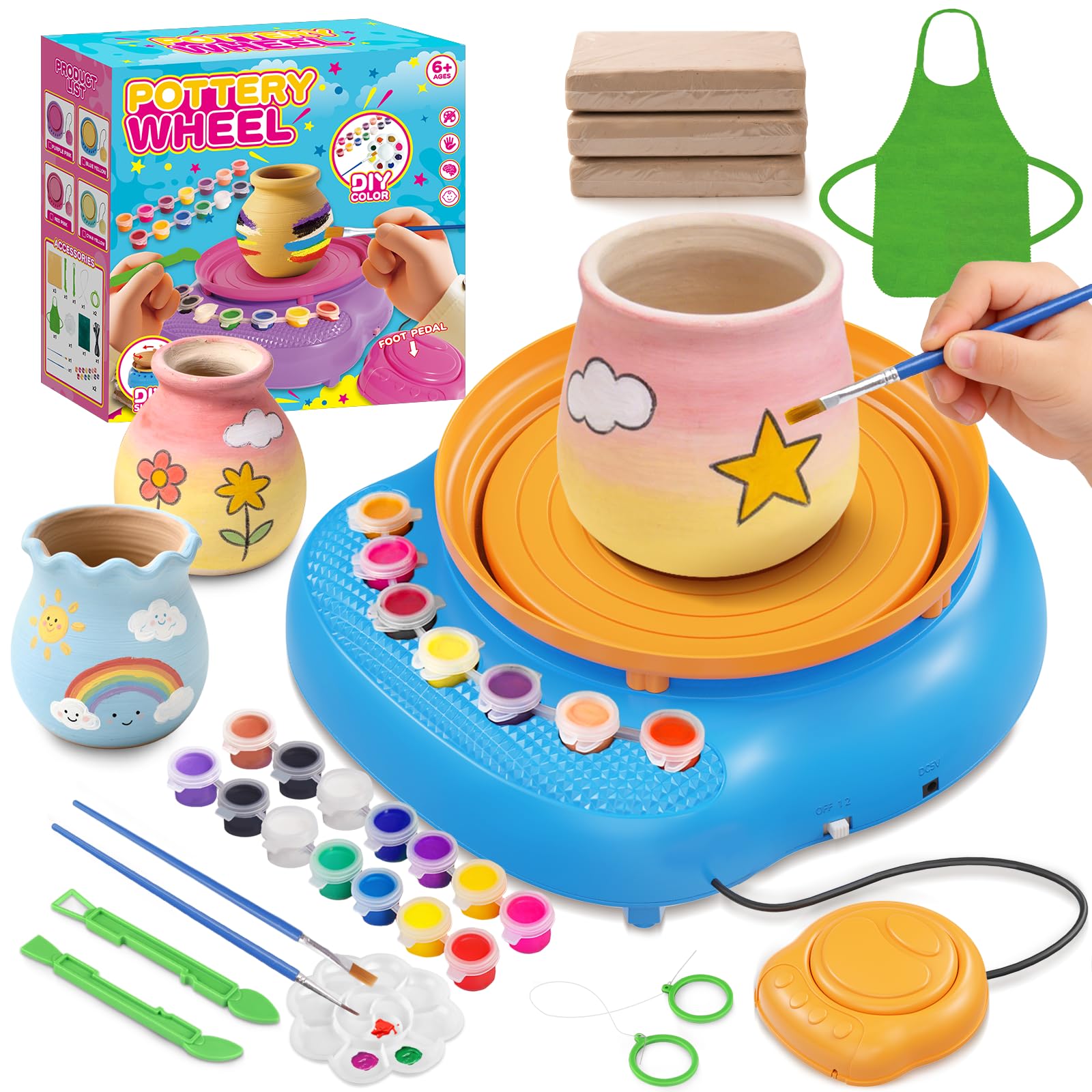 Hzitcigm Töpferset für Kinder, Töpferscheibe & lufttrocknender Ton, 6-12 J | Ohne Brennofen – härtet luftgetrocknet. Komplettset: 12 Farben & Werkzeug, BPA-frei. Geschenk für Mädchen & Jungen, 6-12 J