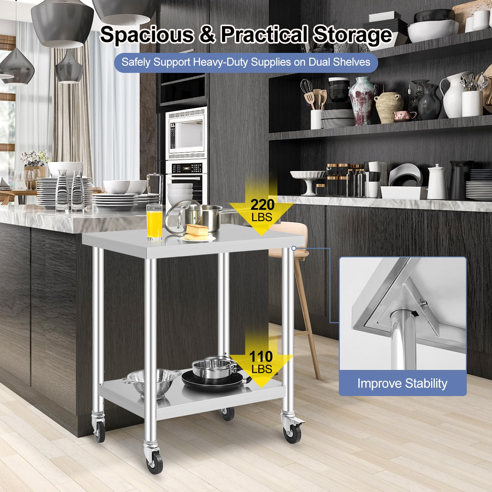GarveeHome Arbeitstisch aus Edelstahl für Lebensmittelzubereitung, höhenverstellbar mit 3 Stufen, 4 Lenkrollen (2 gebremst), Maße 76x46 cm, ideal für gewerbliche Küchen, Restaurants & Catering
