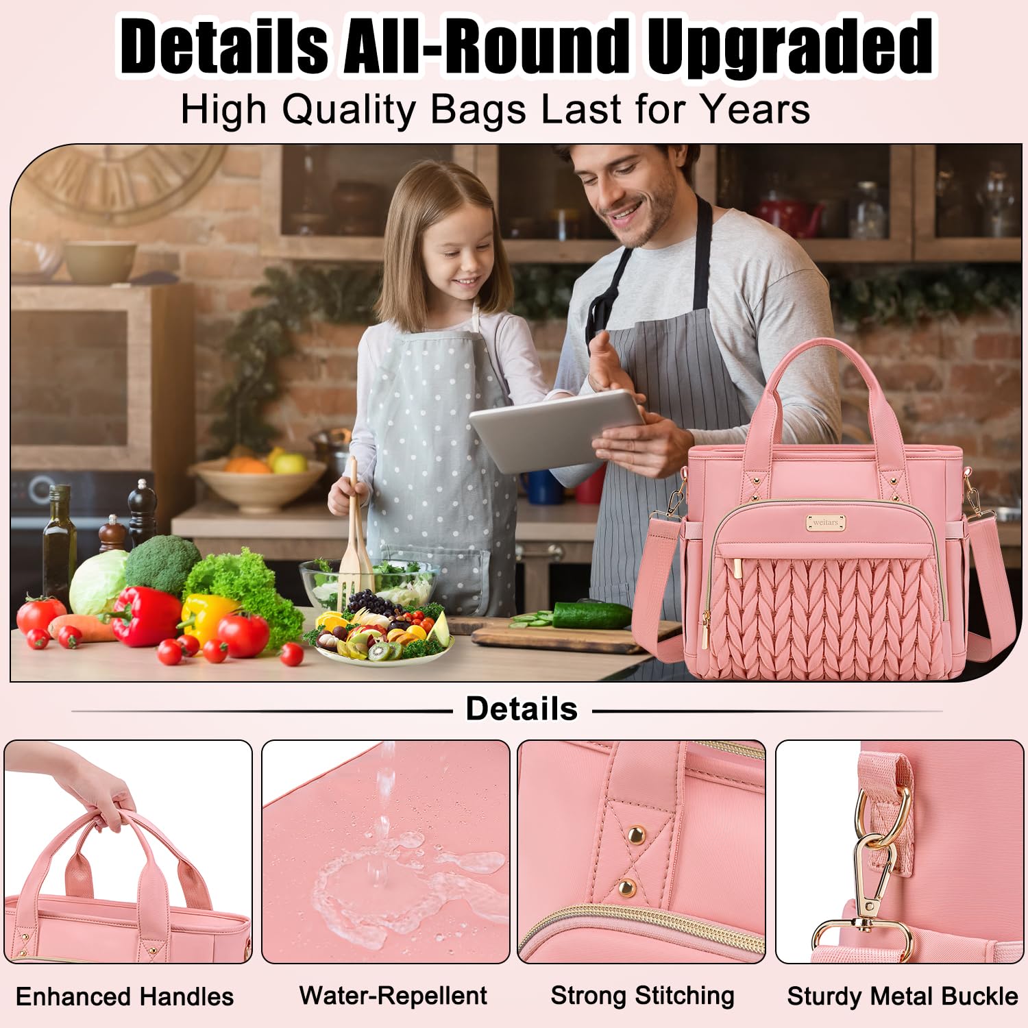 Lonchera térmica para mujer, lonchera a prueba de fugas para el trabajo, bolsa de almuerzo extragrande con correa para el hombro extraíble con bolsillos laterales, lonchera reutilizable para 3