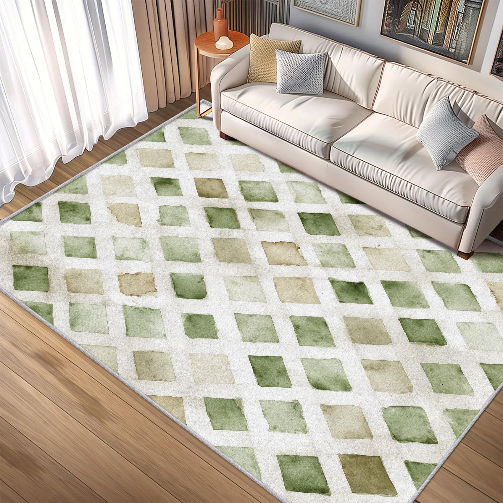 Tapis de Salon Lavable à Motif géométrique Losanges, 120 x 180 cm, Vert Sauge et Beige Motif à Carreaux Aquarelle antidérapant Tapispour Chambre, Salle à Manger ou Bureau.